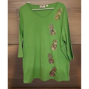 Quacker Factory Lime Green Women's Gold Sequins Pineapples Size 1X Cotton Blend
